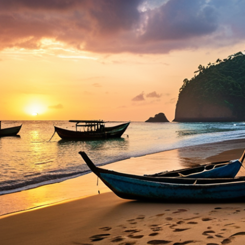 Home 4 **Secluded Beach Sunset, São Tomé:** Capture a hidden beach at sunset in São Tomé and Príncipe. Focus on the warm, vibrant colors reflecting on the water, with silhouettes of traditional fishing boats. Incorporate a sense of serenity and untouched natural beauty.