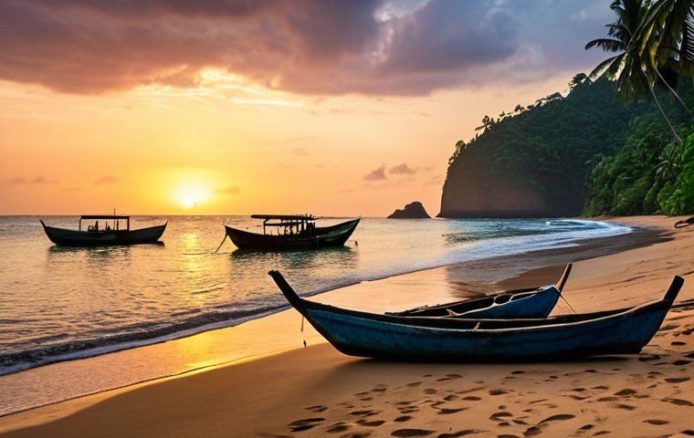**Secluded Beach Sunset, São Tomé:** Capture a hidden beach at sunset in São Tomé and Príncipe. Focus on the warm, vibrant colors reflecting on the water, with silhouettes of traditional fishing boats. Incorporate a sense of serenity and untouched natural beauty.