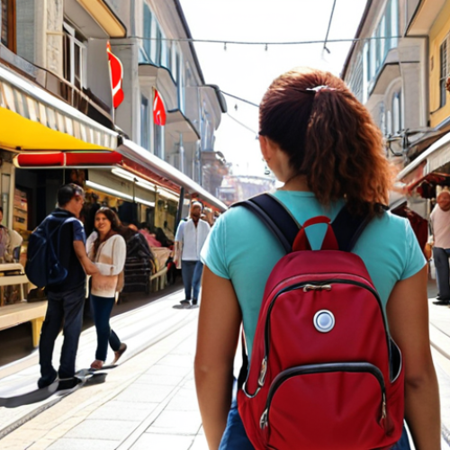 A mindful solo female traveler in a vibrant Turkish city, discreetly securing her backpack worn in front while navigating a bustling, well-lit street market or using modern public transport like the metro. The scene should convey a sense of general safety and confident observation amidst friendly local interactions, perhaps with a traditional Turkish cafe or shop in the background, showcasing a harmonious blend of personal caution and enjoyment of the hospitable environment.