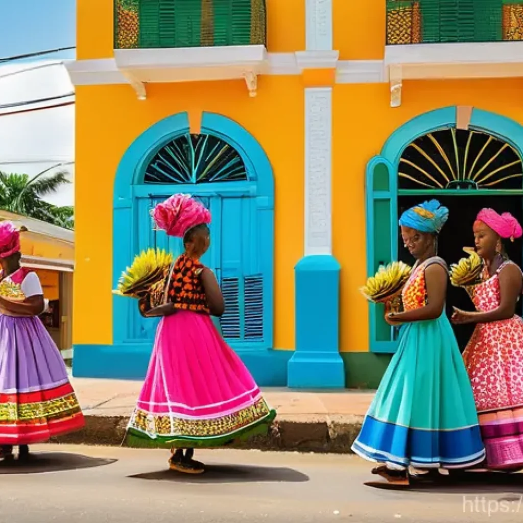 상투메 프린시페와 노예 무역 역사 - Creole Festival of Resilience**
A vibrant and colorful scene depicting a Creole festival in São Tomé...