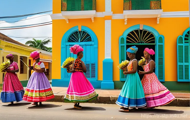 상투메 프린시페와 노예 무역 역사 - Creole Festival of Resilience**
A vibrant and colorful scene depicting a Creole festival in São Tomé...
