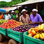 상투메 프린시페의 대표 과일 - **Vibrant Sao Tome Market: A Tapestry of Exotic Fruits and Joyful Faces**
An eye-level, wide-ang...