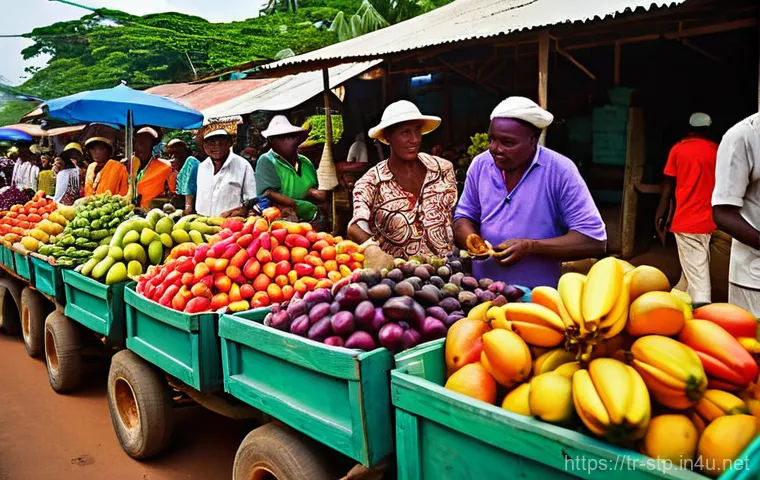 상투메 프린시페의 대표 과일 - **Vibrant Sao Tome Market: A Tapestry of Exotic Fruits and Joyful Faces**
An eye-level, wide-ang...