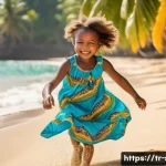 상투메 프린시페 수출입 산업 - **A young girl (6 years old) in a colorful, patterned dress, playing on a sunny beach in São Tomé. S...