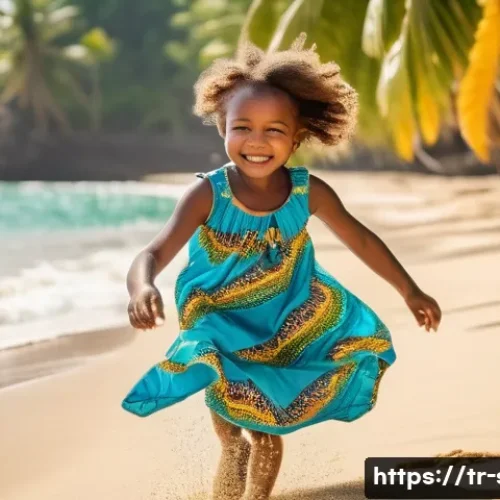 Home 21 상투메 프린시페 수출입 산업 - **A young girl (6 years old) in a colorful, patterned dress, playing on a sunny beach in São Tomé. S...