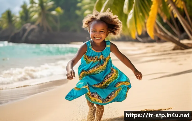 상투메 프린시페 수출입 산업 - **A young girl (6 years old) in a colorful, patterned dress, playing on a sunny beach in São Tomé. S...