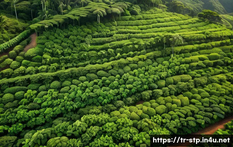 상투메 프린시페 커피 생산지 방문 - **Prompt:** A vibrant, high-angle drone shot capturing the lush green coffee plantations of São Tomé...